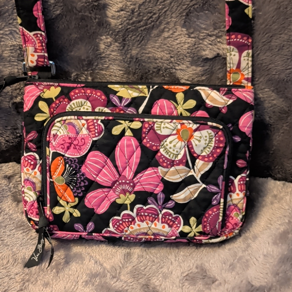 Vera Bradley Black Crossbody Bag with Pink and Green Floral Print